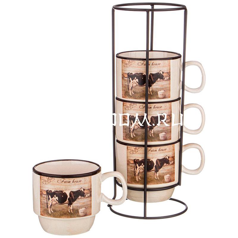 Набор кружек из 4-х шт. на подставке коллекция "FARM HOUSE" объем кружки 300 мл (Lefard)