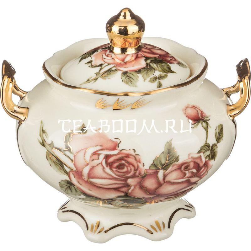 Сахарница с золотыми ручками "Корейская роза" 350 мл. 13*12 см. высота=12 см. (Lefard)