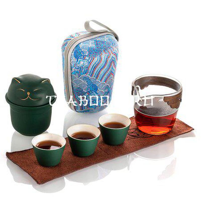 Походный чайный набор "Кот" на 3 персоны, зеленый