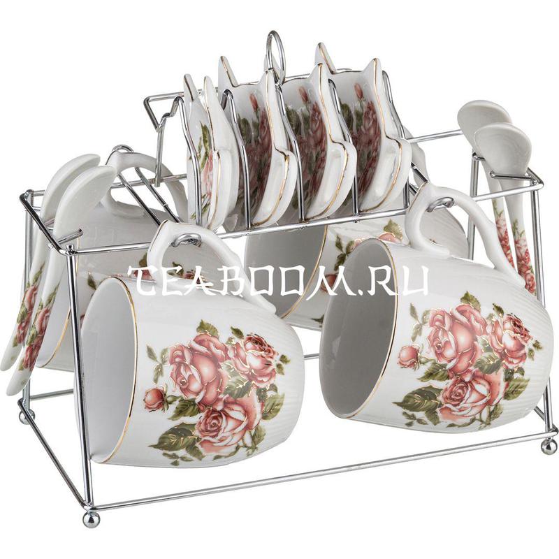 Чайный набор "Корейская роза" на 4 персоны 12 пр. на метал. подставке 250 мл. (Lefard)