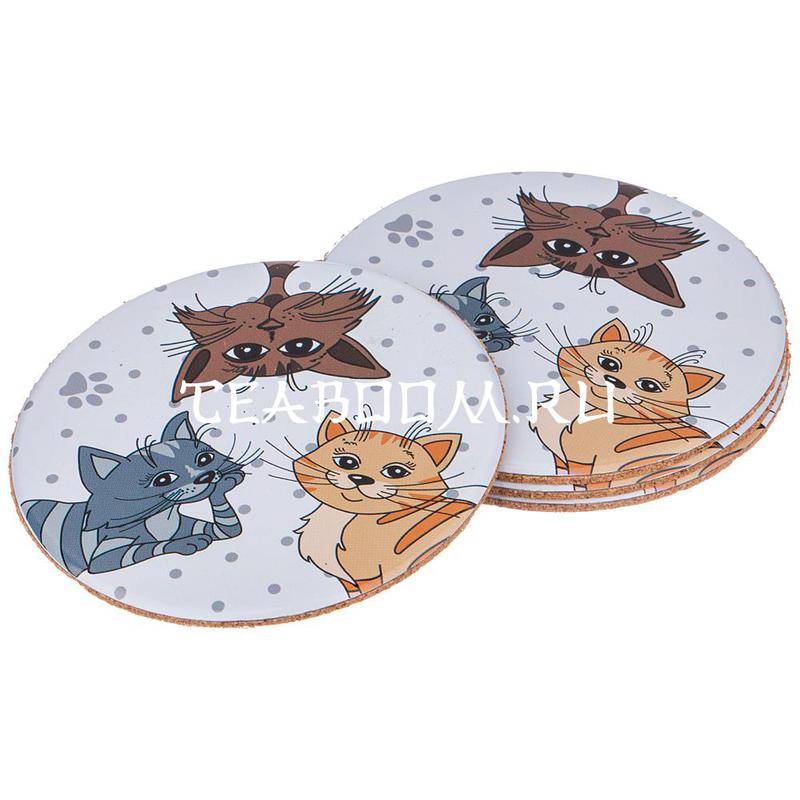 Набор подставок под кружку "Озорные коты", 4 шт, диаметр 9,5 см (Agness)